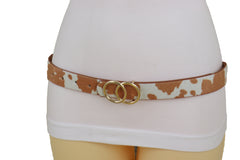 Belt Waist Hip Gold Metal Buckle White Brown Faux Cow Leather Size L XL