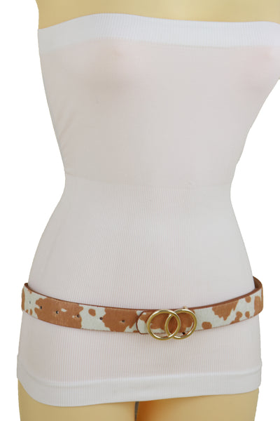 Brand New Women Belt Waist Hip Gold Metal Buckle White Brown Faux Cow Leather Size L XL