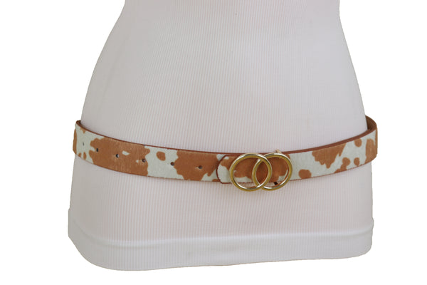 Brand New Women Belt Waist Hip Gold Metal Buckle White Brown Faux Cow Leather Size L XL