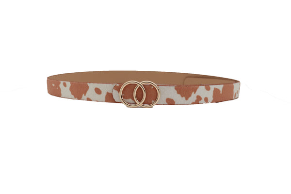 Brand New Women Belt Waist Hip Gold Metal Buckle White Brown Faux Cow Leather Size L XL