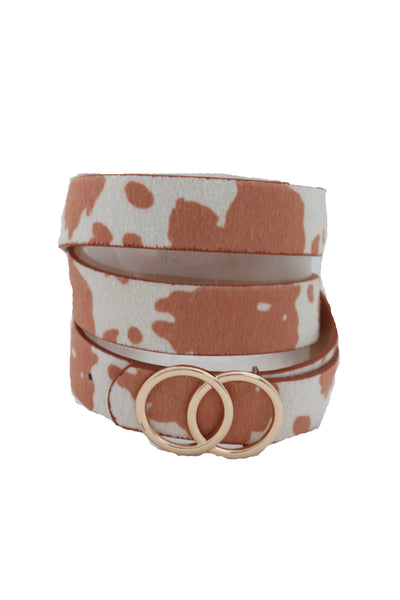 Brand New Women Belt Waist Hip Gold Metal Buckle White Brown Faux Cow Leather Size L XL
