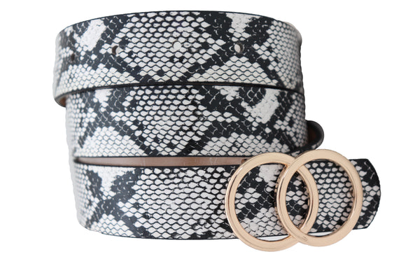 Brand New Women Black Snake Print Skinny Waistband Fashion Belt Gold Metal Buckle Fit L XL