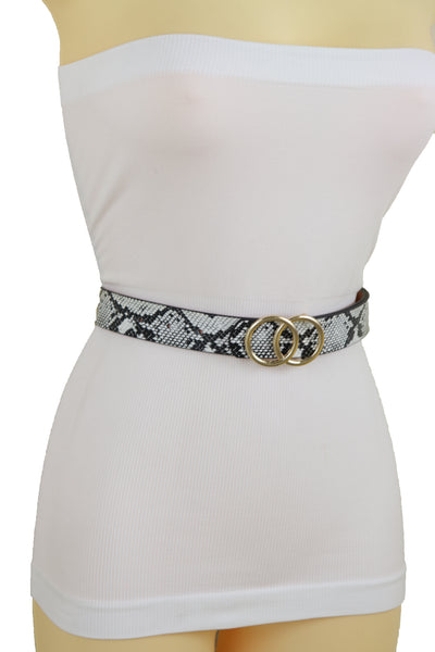 Brand New Women Black Snake Print Skinny Waistband Fashion Belt Gold Metal Buckle Fit L XL