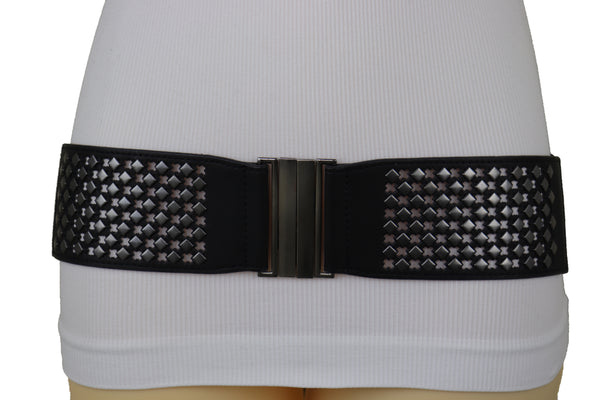 Brand New Women Wide Black Faux Leather Elastic Fashion Belt Silver Metal Studs Holes S M