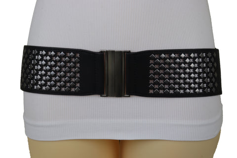 Brand New Women Wide Black Faux Leather Elastic Fashion Belt Silver Metal Studs Holes S M