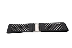 Wide Black Faux Leather Elastic Fashion Belt Silver Metal Studs Holes S M