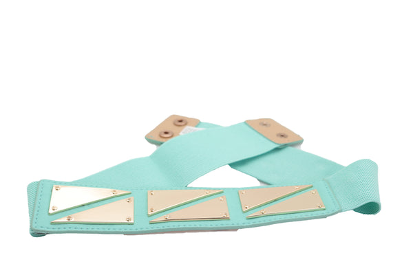 Brand New Women Mint Green Color Stretch Waistband Fashion Belt Gold Triangle Buckle S M