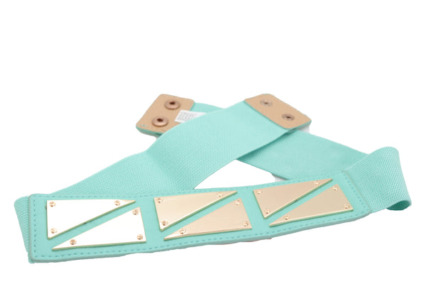 Brand New Women Mint Green Color Stretch Waistband Fashion Belt Gold Triangle Buckle S M