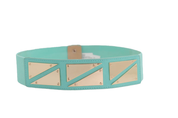 Brand New Women Mint Green Color Stretch Waistband Fashion Belt Gold Triangle Buckle S M