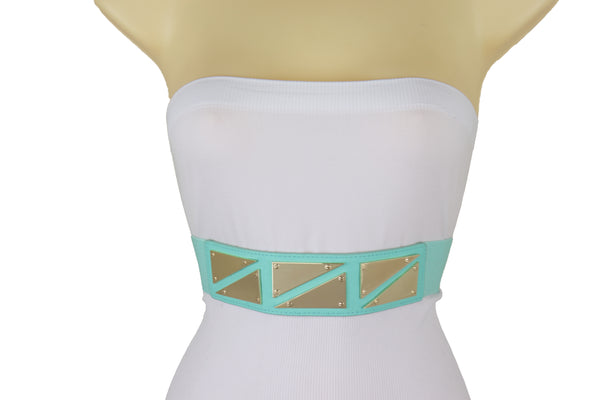 Brand New Women Mint Green Color Stretch Waistband Fashion Belt Gold Triangle Buckle S M