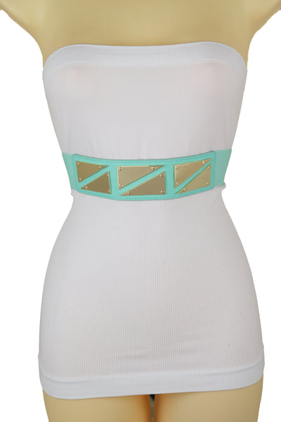Brand New Women Mint Green Color Stretch Waistband Fashion Belt Gold Triangle Buckle S M