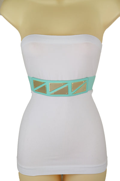 Brand New Women Mint Green Color Stretch Waistband Fashion Belt Gold Triangle Buckle S M