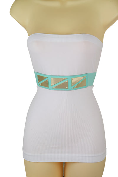 Brand New Women Mint Green Color Stretch Waistband Fashion Belt Gold Triangle Buckle S M