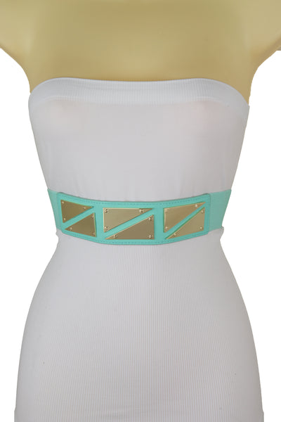 Brand New Women Mint Green Color Stretch Waistband Fashion Belt Gold Triangle Buckle S M