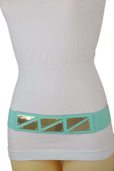 Brand New Women Mint Green Color Stretch Waistband Fashion Belt Gold Triangle Buckle S M