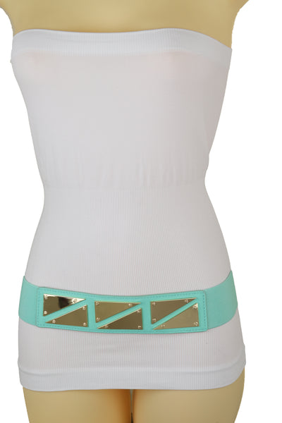Brand New Women Mint Green Color Stretch Waistband Fashion Belt Gold Triangle Buckle S M