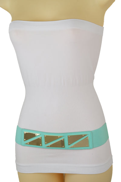 Brand New Women Mint Green Color Stretch Waistband Fashion Belt Gold Triangle Buckle S M