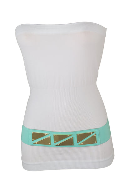 Brand New Women Mint Green Color Stretch Waistband Fashion Belt Gold Triangle Buckle S M