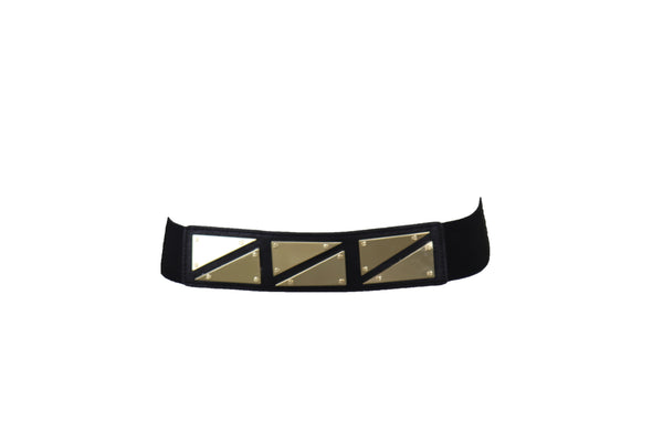 Brand New Women Black Stretch Waistband Fashion Belt Gold Triangle Buckle Size S M