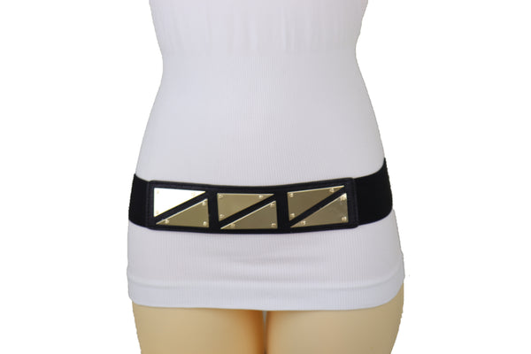 Brand New Women Black Stretch Waistband Fashion Belt Gold Triangle Buckle Size S M