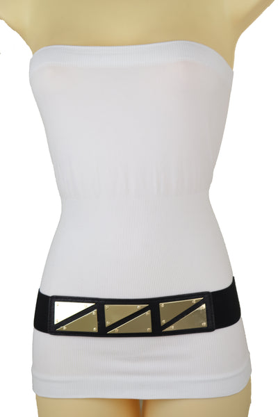 Brand New Women Black Stretch Waistband Fashion Belt Gold Triangle Buckle Size S M