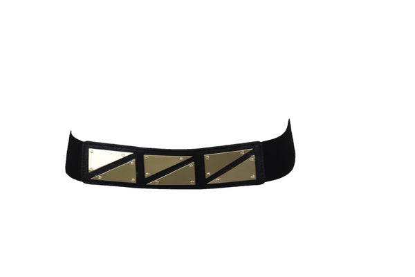 Brand New Women Black Stretch Waistband Fashion Belt Gold Triangle Buckle Size S M