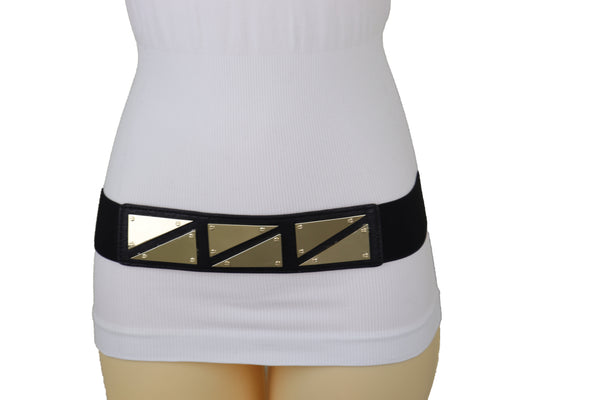 Brand New Women Black Stretch Waistband Fashion Belt Gold Triangle Buckle Size S M