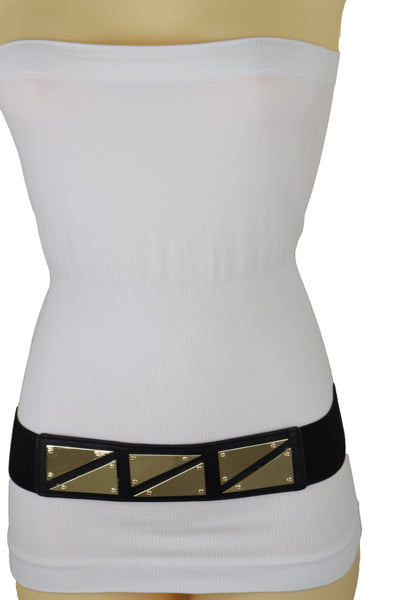 Brand New Women Black Stretch Waistband Fashion Belt Gold Triangle Buckle Size S M