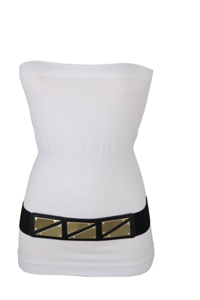 Brand New Women Black Stretch Waistband Fashion Belt Gold Triangle Buckle Size S M