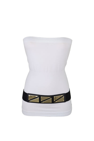Brand New Women Black Stretch Waistband Fashion Belt Gold Triangle Buckle Size S M