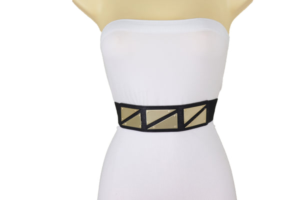 Brand New Women Black Stretch Waistband Fashion Belt Gold Triangle Buckle Size S M