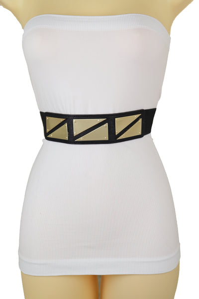Brand New Women Black Stretch Waistband Fashion Belt Gold Triangle Buckle Size S M