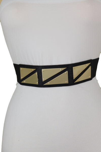 Brand New Women Black Stretch Waistband Fashion Belt Gold Triangle Buckle Size S M