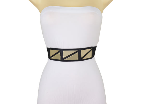 Brand New Women Black Stretch Waistband Fashion Belt Gold Triangle Buckle Size S M