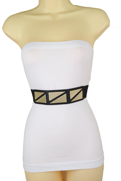 Brand New Women Black Stretch Waistband Fashion Belt Gold Triangle Buckle Size S M