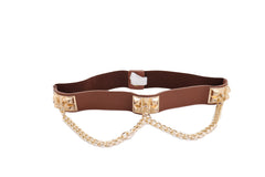Brown Faux Leather Elastic Waistband Belt Gold Metal Chain Wave S M