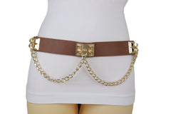 Brown Faux Leather Elastic Waistband Belt Gold Metal Chain Wave S M
