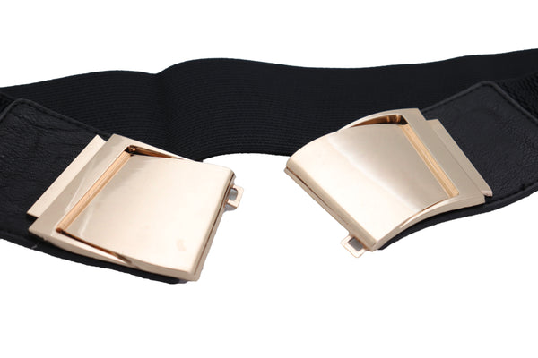 Brand New Women Black Faux Leather Stretch Waistband Hip High Waisted Belt Gold Wave Buckle S M