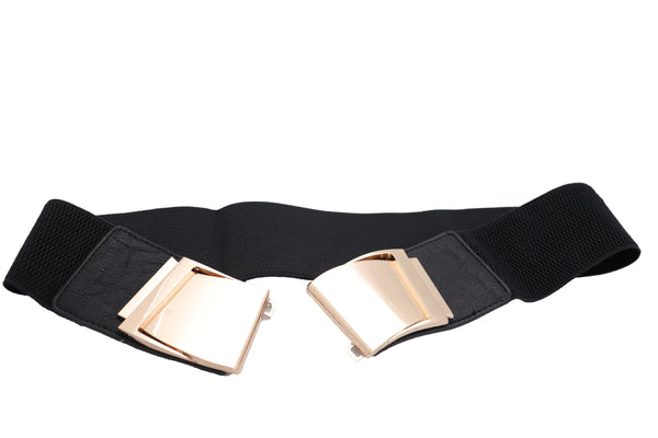 Brand New Women Black Faux Leather Stretch Waistband Hip High Waisted Belt Gold Wave Buckle S M