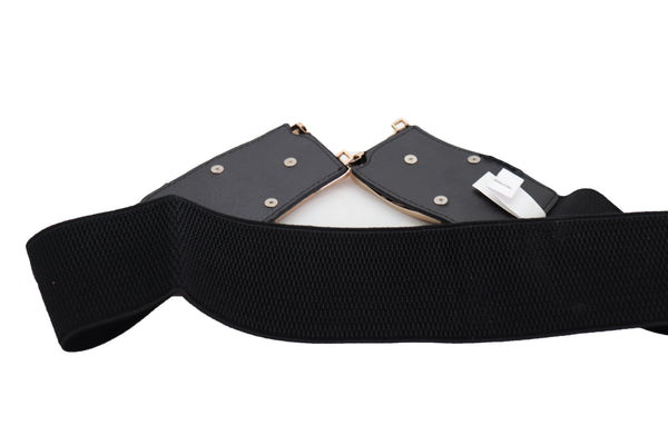 Brand New Women Black Faux Leather Stretch Waistband Hip High Waisted Belt Gold Wave Buckle S M