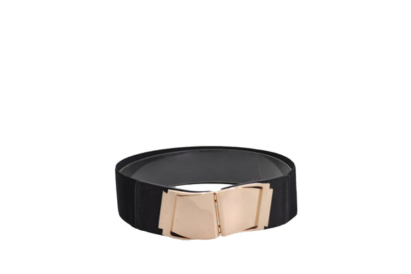 Brand New Women Black Faux Leather Stretch Waistband Hip High Waisted Belt Gold Wave Buckle S M