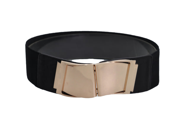 Brand New Women Black Faux Leather Stretch Waistband Hip High Waisted Belt Gold Wave Buckle S M