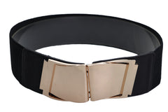 Black Faux Leather Stretch Waistband Hip High Waisted Belt Gold Wave Buckle S M