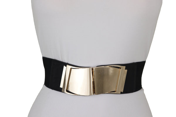 Brand New Women Black Faux Leather Stretch Waistband Hip High Waisted Belt Gold Wave Buckle S M