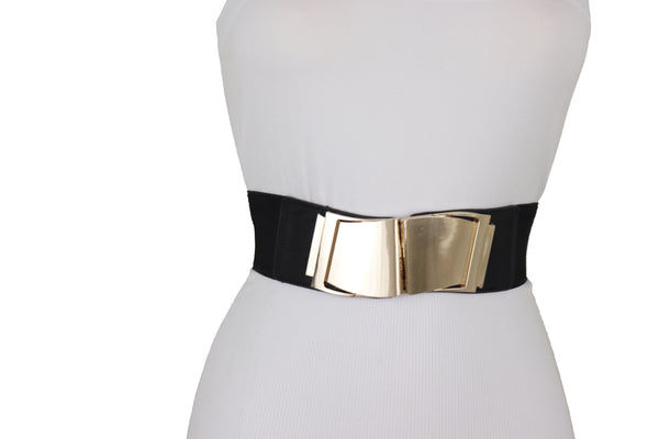Brand New Women Black Faux Leather Stretch Waistband Hip High Waisted Belt Gold Wave Buckle S M