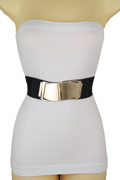 Brand New Women Black Faux Leather Stretch Waistband Hip High Waisted Belt Gold Wave Buckle S M