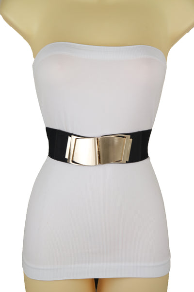 Brand New Women Black Faux Leather Stretch Waistband Hip High Waisted Belt Gold Wave Buckle S M