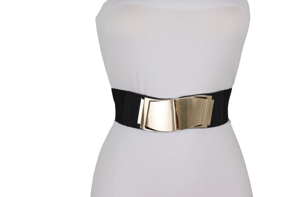 Brand New Women Black Faux Leather Stretch Waistband Hip High Waisted Belt Gold Wave Buckle S M