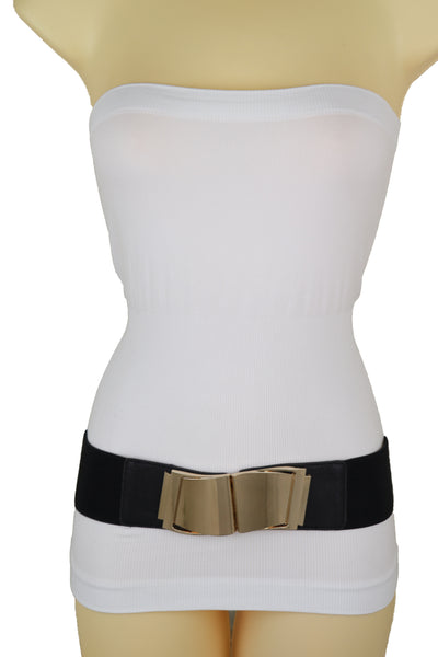 Brand New Women Black Faux Leather Stretch Waistband Hip High Waisted Belt Gold Wave Buckle S M
