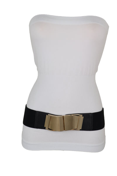 Brand New Women Black Faux Leather Stretch Waistband Hip High Waisted Belt Gold Wave Buckle S M